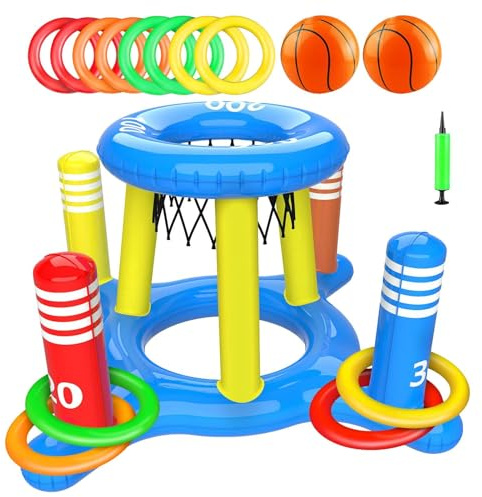 Canestro Da Basket In Piscina - Set Da Gioco Acquatico Gonfiabile 2 In 1 | Giocattolo Da Piscina Con Canestro Da Basket | 1 Gioco Di Lancio Incrociato, 8 Anelli Di Lancio E 2 Palline Gonfiabili Per Ba