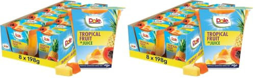 Dole Tropical Fruit in Juice Fruit Pots 8 x 198g, Assorted Fruits, Healthy Snack, No Added Sugar Fruit Cocktail Bowls, Perfect for Breakfast & Dessert or Adding to Recipes (Pack of 2)