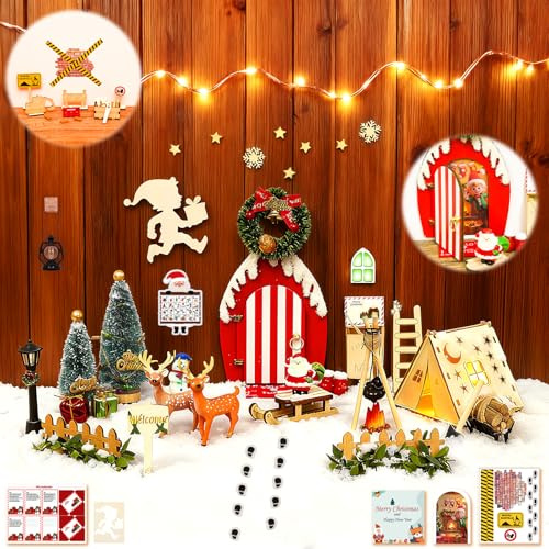 71 Stück Wichteltür Set Wichtel Zubehör Weihnachten für Kinder Geschenke | Weihnachten Deko Weihnachtswichtel Tür Set mit Licht, Wichtel Baustelle,Wichteltür Komplettset mit 3D Zelt für Advent