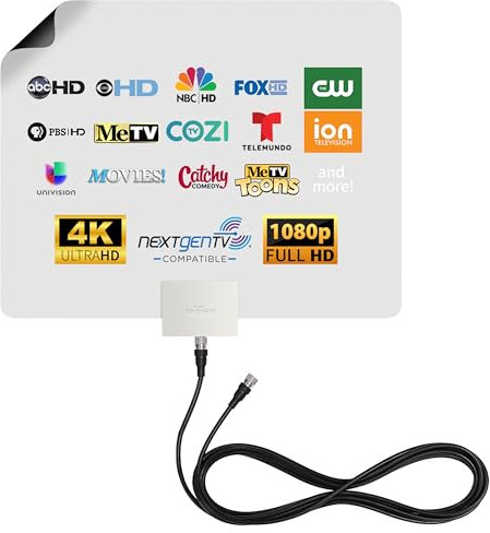 Mohu Leaf Plus Amplified Indoor TV Antenna, 60-Mile Range, UHF/VHF Multi-Directional, Original Paper-Thin Design, 16 ft. Coaxial Cable, 15dB Preamplified, Reversible, Paintable, 4K-Ready, MH-110029
