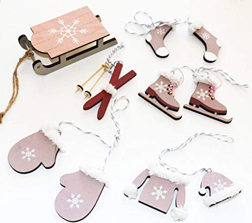 FD 10 teiliges Set Christbaumschmuck ROSA Holz Schlittschuhe NrFD21 Ski Baumschmuck Schlitten Nostalgie Alpen Thema Winter Ski Fahren Chirstbaumdeko Hänger Holzdeko Natur Weiss