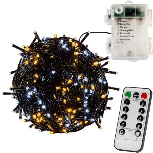 VOLTRONIC LED Lichterkette, IP44, Batteriebetrieben, Modell- und Farbwahl, 100 LEDs, Grünes Kabel, kaltweiß/warmweiß, Fernbedienung