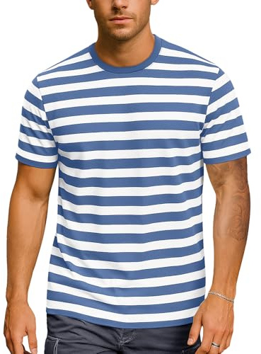 Stripes T-Shirts Short Sleeve Crew Neck Striped Tee Top (Cornflower Blue&White WD,XXL)