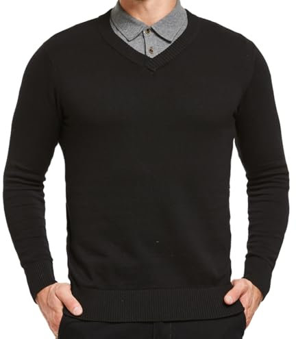 JustSun Mens Jumper Classic Sweater with V-Neck and Long Sleeve Black X-Large