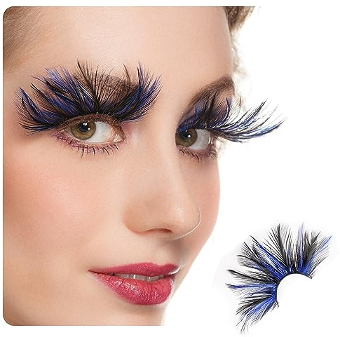 Dorisue Halloween eyelashes Double Lip Black with Blue Big Extra Long Feather eyelashes Long and Thick Exaggerated False Eyelashes Extension for Women Girls Cosplay Fancy Ball Halloween (Blue)