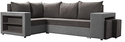 Ecksofa Onosi mit Bettkasten und Schlaffunktion, Eckcouch mit Bettfunktion für Wohnzimmer, 2 Polsterhocker, Regalfächer in der Armlehne, L-Form Sofa (Mikrofaza 0014 + Mikrofaza 0027, Seite: Links)