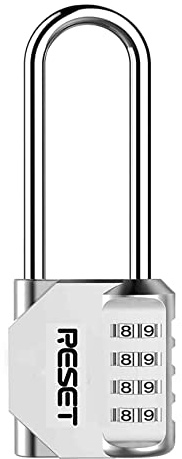 RESET-060 Zahlenschloss, 4-stellig, langer Bügel, Silber, 1 Stück | 4-stelliges Zahlenschloss mit langem Bügel; 0,6 cm Bügelstärke, 1,9 cm Innenbreite und 11,6 cm Gesamthöhe.
