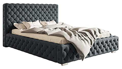 GRAINGOLD Polsterbett Agis mit verstärktem Rahmen und großem Bettkasten, Chromfüße - reich verziert - eleganter Chesterfield-Stil - 200x200 cm