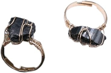 HGJH 2 Stück Natürlicher Schwarzer Turmalin Ring Unregelmäßiger Rauer Kristall Twining Ring Verstellbare Offene Steinringe Für Frauen Reiki Balance Knöchel Fingerringe Für Frauen Mädchen Männer
