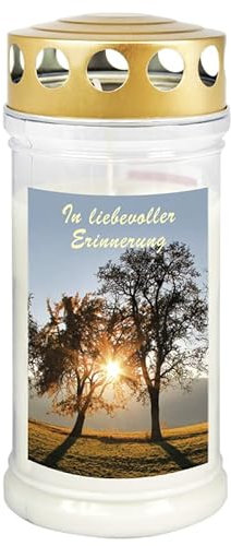 Motiv Grabkerze mit Deckel, Motiv: Baumpaar - Gedenkkerze - Grablaterne mit Motiv - Motiv Grableuchte - Grablicht mit langer Brenndauer (Größe:75 x 170 mm, Brenndauer: 70-90 Stunden, 12)