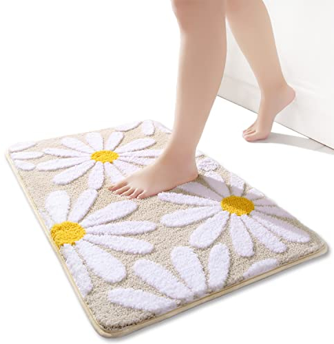 QJHOMO Beige Badezimmerteppich Niedliche Gänseblümchen Badematte rutschfest Waschbar Badteppich Weiße und Gelbe Blume Badvorleger Weiche Duschvorleger Absorbierende Badezimmer Teppich 50x80 cm
