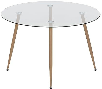 MOG CASA Mesa de Comedor Fija Redonda Corin | 120 x 120 x 75 cm | Ideal para Cocina o Salón | Ideal para 4 a 6 Personas | Tablero de Cristal Transparente | Patas Metálicas en Imitación Madera