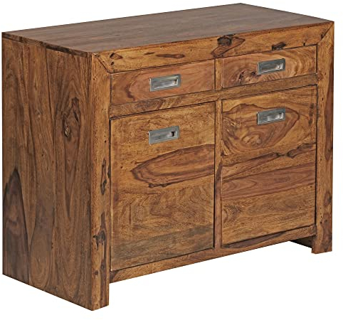 möbelando Sideboard Mumbai Massivholz Sheesham Kommode 90 cm 2 Schubladen 2 Türen Design Highboard Landhaus-Stil braun Natur