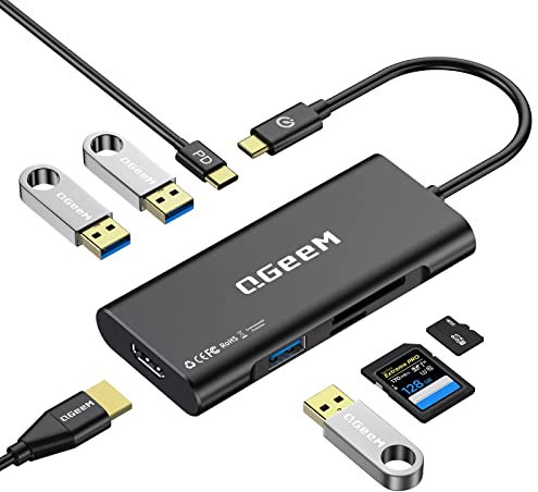 QGeeM USB-C 7-in-1 Dongle with 100W PD, 3x USB 3.0, SD/TF Card Reader, Compatible with MacBook, iPad, Dell XPS & More - Black