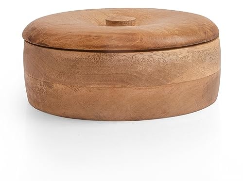 Handcrafted Wooden Mexican Tortilla Warmer Basket Indian Chapati Roti Bread Holder Box Pancake Keeper Serveware Hot Pot Casserole Dish With Lid Home Kitchen Dining Decor, Natural Brown, 22 x 7 cms