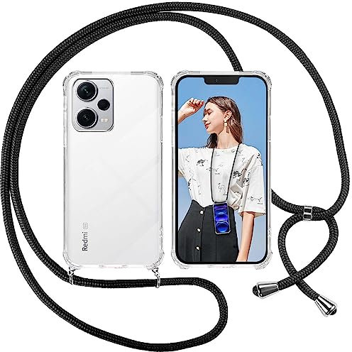 ISOI Coque pour Xiaomi Redmi Note 12 Pro Plus avec Cordon - Tour de Cou Lanière en Corde - Transparente Silicone Housse avec Cordage Lanyard Case pour Xiaomi Redmi Note 12 Pro Plus Collier Cover, Noir