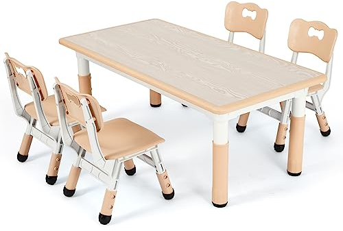 MAMIZO Kindertisch Packung mit 4 Stühlen, Kindersitzgruppe Höhenverstellbar, Tisch Stuhl Set für Kindergarten und Kinderzimmer, Plastik Kindermöbel, Sitzgruppe für Jungen Mädchen ab 2 Jahre, Gelb