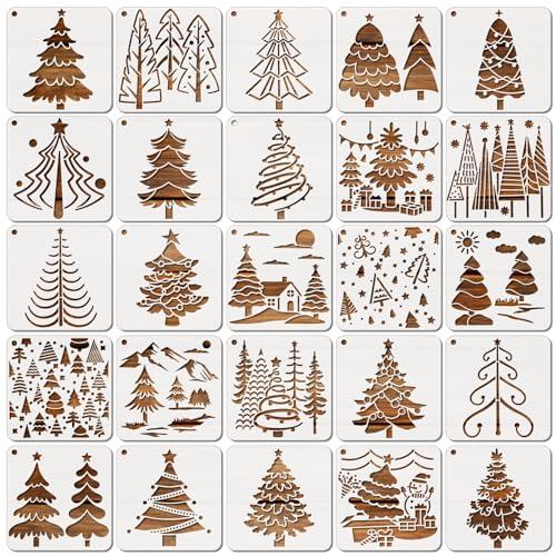 MWOOT 25 Pièces Pochoir de Noël pour Peinture sur Bois, Réutilisable Christmas Tree Paint Stencils Kit, Bricolage Dessin Pochoirs pour DIY Cartes Cadeaux, Toile, Tissu, Fête Décoration (10.2x10.2cm)