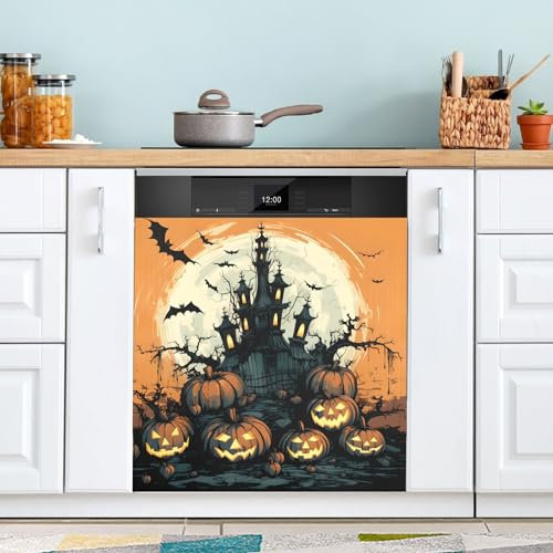 JIPONI Dishwasher Magnetic Cover Halloween Pumpkin Bat Dishwasher Magnetic Kitchen Art Decor, Dish Washer Magnet Sticker 23 W x 26 H Inch
