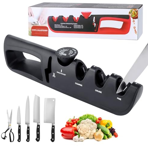 Messerschärfer, Premium 4-in-1 Messerschleifer, Messer schärfen mit 6 Stufen verstellbarem Winkelknopf, Ergonomisches Messer Schärfen, Schleifstein und Wetzstahl Ersatz,Messerschärfen leichtgemacht