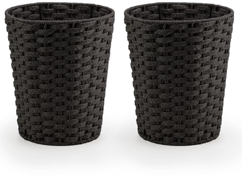 woodluv Round Waste Paper Basket Bin Set of 2 Storage Boxes, Rubbish Bin for Bedroom, Bathroom, Offices or Home, Black