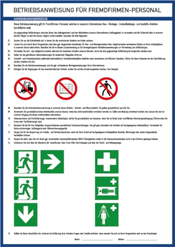 Aufkleber Betriebsanweisung für „Fremdfirmen-Personal“ Aushang Folie Symbole nach ISO 7010 | Größe wählbar Made in Germany, Größen Name: 21x29,7 cm