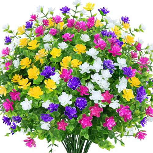 KLEMOO 8 Bundles Outdoor Artificial Fake Flowers UV Resistant No Fade Boxwood Faux Plastic Shrubs Plants for Garden Patio Porch Window Box Home Wedding Farmhouse Hanging Décor