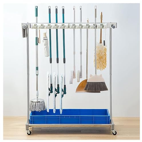 Mop and Broom Holder Utility Rack for Cleaning Tools, Movable Hand Trucks Tower Cart Organizer for Garden Garage - Wet Mops Rack for Easy Storage and Drying