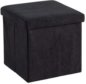 Home Source Folding Ottoman, Corduroy Fabric Storage Square Box, Black
