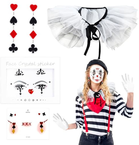 Clown Tattoo Karneval Fasching Hautaufkleber Set, Face Tattoo Harlekin + clown kragen + 1 Paar Spielkarten ohrringe, für Halloween/Carnaval Cosplay Performance Kostüm, Killer Clown Karneval (black1)