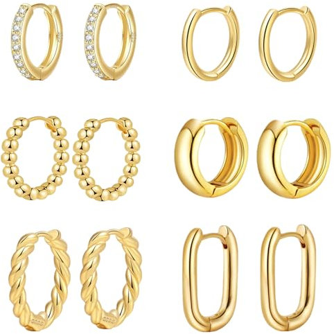 jagosen 6 Pairs 9ct Gold Hoops Earrings For Women Hypoallergenic Chunky Huggies Hoop Earrings Set For Women Lightweight Gold Plated Statement Cartilage Stackable Earrings Gold Jewellery Set