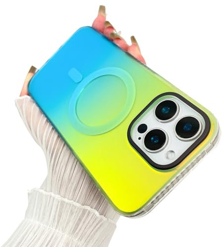 UZEUZA Magnetic Fluorescent Iridescent Gradient Luxury Phone Case for iPhone 15 Pro Max[Compatible with MagSafe] Matte Texture Shockproof Protective Slim Phone Cover for Women Men,Green Blue