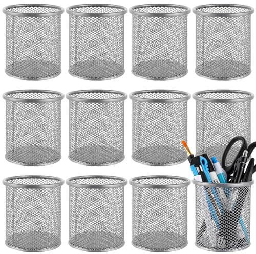 LOPYXBR 12 Stück Stiftehalter, 10x9x9cm Drahtmetall Stifteköcher, Silber Stifthalter Stiftebox, Rund Stiftehalter Schreibtisch, Pencil Holder für Büros und Schulen