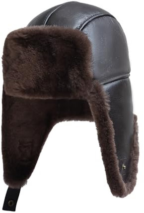 MGGMOKAY Unisex Lammfell Shearling Wintermütze,Aviatormütze,Russische Ushanka Trapper Winterfellmütze,Braun,L