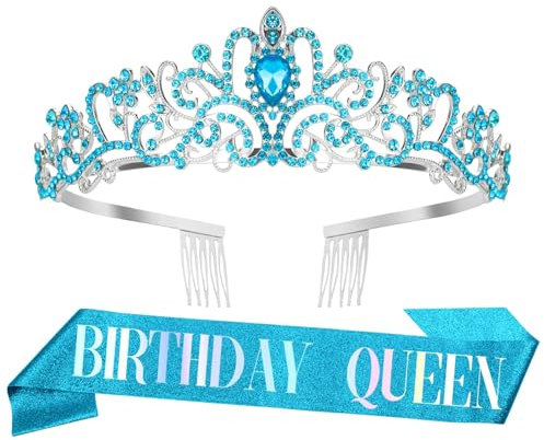 Krone Geburtstag,Diadem Blau,Krone Damen,Geburtstagskrone Erwachsene,Krone Gold,Tiara Damen,Schärpe Geburtstag,Crystal Crown,Birthday Queen,Prom Queen Schärpe Halloween,Geburtstags Krone