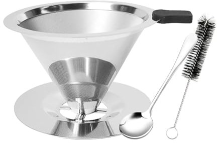 Pour Over Coffee Filter,Stainless Steel Reusable Drip Coffee Strainer with Spoon Brush,Double Mesh Coffee Filter,Paperless Cone Coffee Dripper for Home,Coffee Shop,Office,Camping 