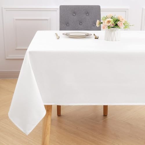 smiry Rectangular Table Cloth Wipe Clean 140x200 cm, Wipeable Water Resistant Linen Tablecloth, Fabric Washable Dining Table Cover for Kitchen Indoor Outdoor, White