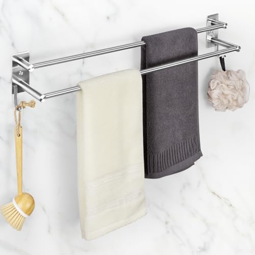 Toalleros de Baño sin Taladro 2 Niveles Toalleros Acero Inoxidable 304 Barra para Toallas de Baño Adhesivos Toallero de Pared con Ganchos Soporte para Toallas para Baño Cocina (60CM, Plata)-2