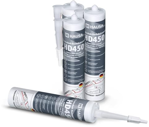 Hausa Kautschuk Dachdichtstoff HD450 Transparent 4x 300ml dauerelastische Dichmasse & Kleber für Dach Dachrinnen Trapezblech Dachfolien Dachbahnen, wetterfest, kompatibel mit Bitumenwerkstoffen
