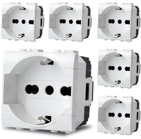 Voltix 6 Pezzi Prese Schuko 2P+T 10/16A 250V Compatibili con Bticino living, Colore Bianco (6)