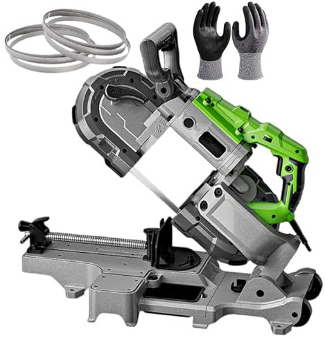 Sega a nastro portatile in metallo, potenza 1100 W, smussatura regolabile a 45°, capacità di taglio di 12 cm, ideale per tagliare acciaio, rame, alluminio e tubi, include guanti e lame per sega