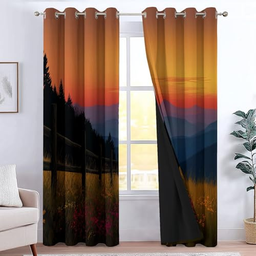 CozyRest 100% Cortinas Opacas, Protección Solar y Anti Luz para Ventana en Salón Dormitorio, Vista de la montaña al Atardecer Bosque Cortina Deslizante Decorativas con Ojales - 280 x 260 cm