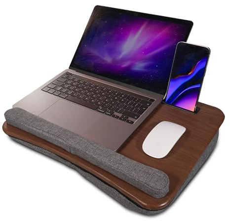 Plateau pour ordinateur portable avec coussin en mousse solide. Pour tablette, support de téléphone, poignée de transport, deux poches, effet grain de bois, léger, voyage, bureau à domicile, travaux