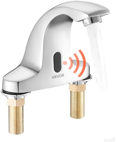 VEVOR Touchless Bathroom Sink Faucet, Automatic Motion Sensor Restroom Toilet Faucet Cold Water with Hole Cover Plate, Battery Operated for 9/16 in Pipe Commercial Lavatory,Chrome Plated Silver