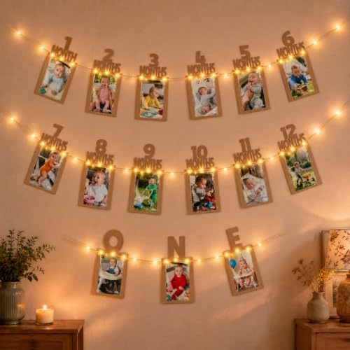 Seutgjie 1. Geburtstag Junge Mädchen Deko, Fotogirlande 1. Geburtstag mit LED-Lichterkette OPP-Taschen und 15 Glitzerkarten für Fotos von 1 bis 12 Monate