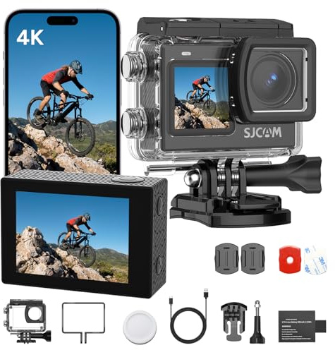 SJCAM Action Cam 4K, Doppio Schermo, 2 Batterie, WiFi, Kit Moto | Sensore 1/2.7 CMOS, 166° grandangolo, EIS 6-assi, subacquea 30M, nero, include kit accessori moto per vlog, sport e viaggi