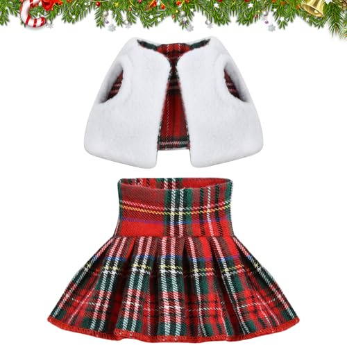 Puppenkleidung Weihnachtselfen Kleidung, Wichtel Kleidung Miniatur, Weihnachtself Puppe Kostüm mit Karierter Rock, Plüschweste, Weihnachten Puppe Kleidung Kostüm für Elfenpuppe, Elf Puppe Zubehör