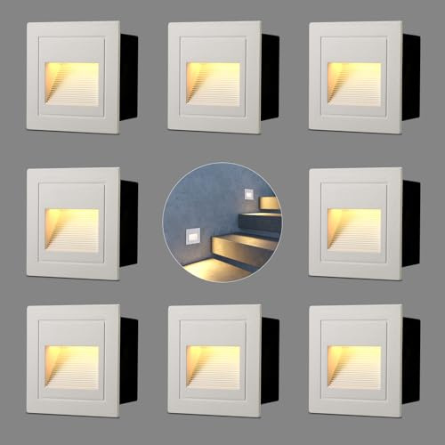 VivaLet 8 Stück LED Treppenbeleuchtung 3W 300LM, Treppenlicht Innen 230V 3000K, IP65 Treppenstufenbeleuchtung Außen Aluminium, Unterputzdose 68mm, 85 x 85mm, Stufenbeleuchtung Treppe Weiß
