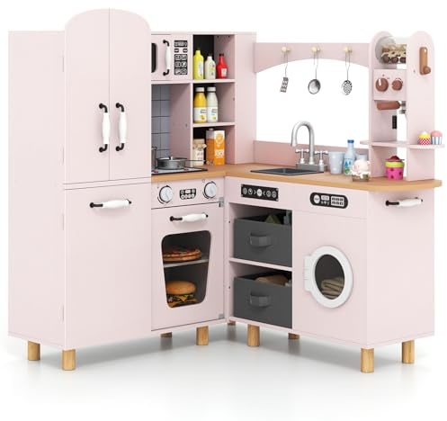 FANTASK Kinderküche Holz, Eck-Spielküche mit Licht Sound & 12-teiligem Zubehör, Spielzeugküche mit Kühlschrank, Kaffeemaschine & Waschmaschine für Kinder ab 3 Jahren, Rosa