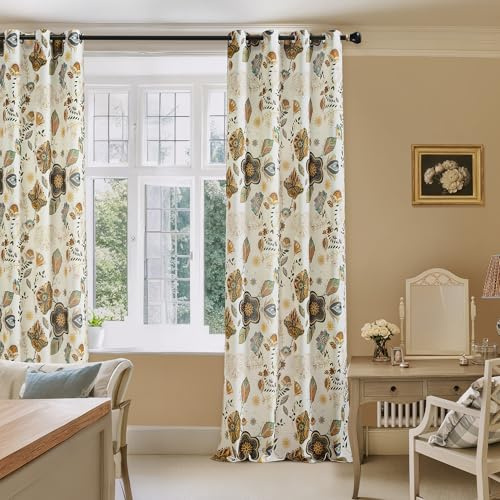XiDi Leinen-Mischgewebe Gardinen Retro-Blumen - 225cm für Esszimmer/Wohnzimmer - 2 Paneele Halbdurchlässig Landhausstil mit Röhrchenbefestigung